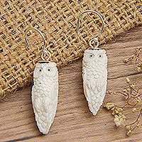 Hand-carved dangle earrings, 'Angelical Owl'