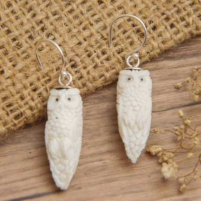 Hand-carved dangle earrings, 'Angelical Owl' - Hand-Carved Owl Dangle Earrings with Silver Hooks from Bali