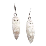 Hand-carved dangle earrings, 'Angelical Owl' - Hand-Carved Owl Dangle Earrings with Silver Hooks from Bali