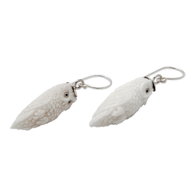 Hand-carved dangle earrings, 'Angelical Owl' - Hand-Carved Owl Dangle Earrings with Silver Hooks from Bali