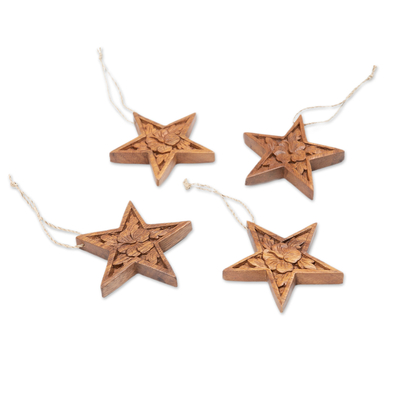 Adornos de madera, (juego de 4) - Juego de 4 adornos florales de madera de suar en forma de estrella