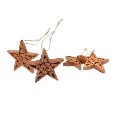 Wood ornaments, 'Hibiscus Grace' (set of 4) - Set of 4 Floral Star-Shaped Suar Wood Ornaments
