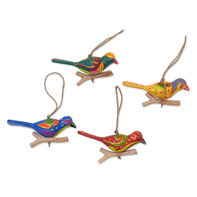 Wood ornaments, 'Heaven Birds' (set of 4) - Set of 4 Painted Colorful Bird-Themed Albesia Wood Ornaments