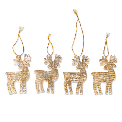 Wood holiday ornaments, 'Glorious Reindeer' (set of 4) - Set of 4 Golden Albesia Wood Holiday Reindeer Ornaments