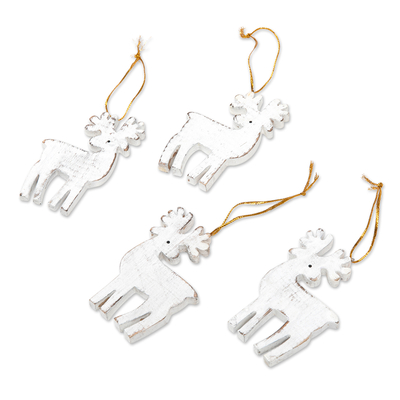 Wood holiday ornaments, 'Snowy Reindeer' (set of 4) - Set of 4 White Albesia Wood Holiday Reindeer Ornaments