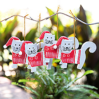 Wood holiday ornaments, 'Santa Felines' (set of 4) - Set of 4 Handcrafted Red and White Cat Holiday Ornaments