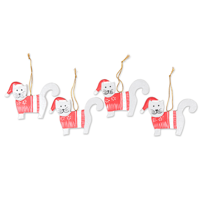 Weihnachtsornamente aus Holz, „Santa Felines“ (4er-Set) – Set mit 4 handgefertigten roten und weißen Katzen-Weihnachtsornamenten
