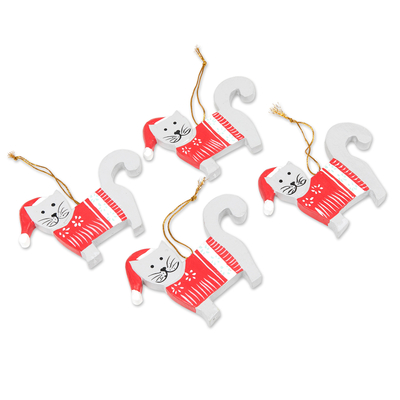 Wood holiday ornaments, 'Santa Felines' (set of 4) - Set of 4 Handcrafted Red and White Cat Holiday Ornaments