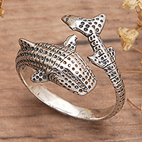 Sterling silver wrap ring, 'The Warrior of the Depths' - Megalodon-Shaped Sterling Silver Wrap Ring from Bali