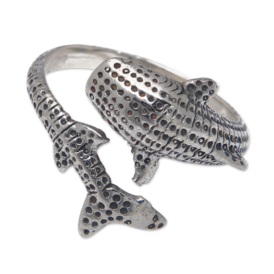 Sterling silver wrap ring, 'The Warrior of the Depths' - Megalodon-Shaped Sterling Silver Wrap Ring from Bali