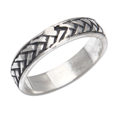 Sterling silver band ring, 'Sharp Braids' - Geometric Braid-Patterned Sterling Silver Band Ring