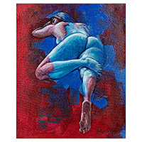 „Rhonda“ – Künstlerisches Akt-Acryl- und Ölgemälde in Rot und Blau