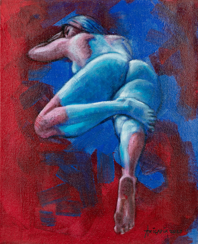 'Rhonda' - Artistic Nude Acrylic and Oil Painting in Red and Blue