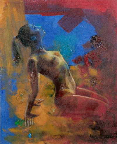 'Clara' - Desnudo artístico acrílico y pintura al óleo en rojo y amarillo.
