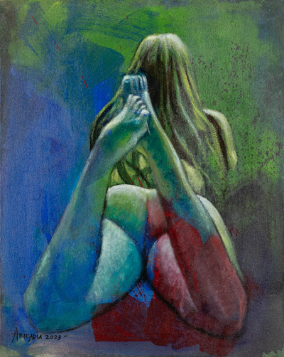 'Abigail' - Desnudo artístico acrílico y pintura al óleo en azul, rojo y verde.