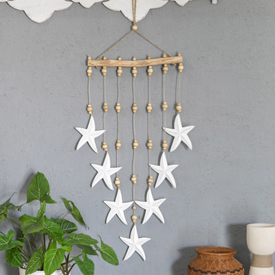 Wood wall hanging, 'Splendid Starfish' - Hand-Carved and Painted White Heart-Themed Wood Wall Hanging