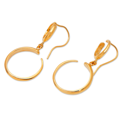 Gold-plated dangle earrings, 'Radiant Full Moon' - Modern 18k Gold-Plated Brass Dangle Earrings with Hoops