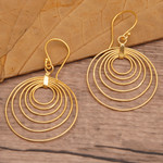 Gold-plated dangle earrings, 'Triumphant Orbits' - Abstract Round 18k Gold-Plated Brass Dangle Earrings