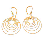 Gold-plated dangle earrings, 'Triumphant Orbits' - Abstract Round 18k Gold-Plated Brass Dangle Earrings