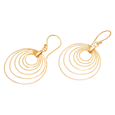 Gold-plated dangle earrings, 'Triumphant Orbits' - Abstract Round 18k Gold-Plated Brass Dangle Earrings