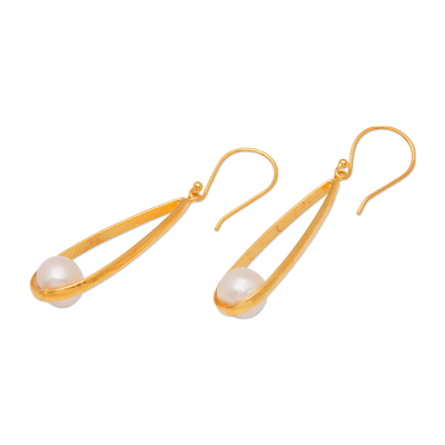 Gold-plated cultured pearl dangle earrings, 'Trendy Flair' - Modern Oval Gold-Plated Brass Cultured Pearl Dangle Earrings