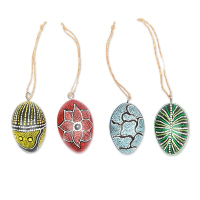 Wood ornaments, 'Colors of the Earth' (set of 4) - Set of 4 Oval Wood Ornaments Hand-Carved and Painted in Bali