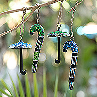 Wood ornaments, 'Christmas Eve in Bali' (set of 4) - Painted Traditional Blue and Green Wood Ornaments (Set of 4)