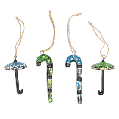 Wood ornaments, 'Christmas Eve in Bali' (set of 4) - Painted Traditional Blue and Green Wood Ornaments (Set of 4)