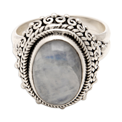 Rainbow moonstone cocktail ring, 'Queen Moonlight' - Traditional Natural Rainbow Moonstone Cocktail Ring