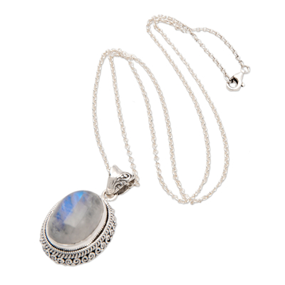 Rainbow moonstone pendant necklace, 'Queen Moonlight' - Traditional Natural Rainbow Moonstone Pendant Necklace