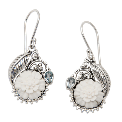 Blue topaz dangle earrings, 'Loyal Spring' - Floral and Leafy Sterling Silver Blue Topaz Dangle Earrings