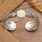 Blue topaz and rainbow moonstone cuff bracelet, 'Charming Shades' - Traditional Blue Topaz and Rainbow Moonstone Cuff Bracelet