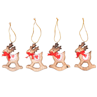 Wood holiday ornaments, 'Adorable Deer' (set of 4) - Handcrafted Albesia Wood Rocking Deer Ornaments (Set of 4)