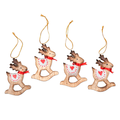 Wood holiday ornaments, 'Adorable Deer' (set of 4) - Handcrafted Albesia Wood Rocking Deer Ornaments (Set of 4)