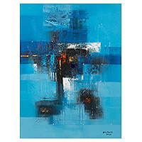 'Blue Generation' - Pintura acrílica abstracta azul y negra sin estirar firmada