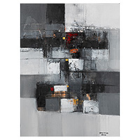 „The Remaining“ – signiertes, ungedehntes abstraktes Acrylgemälde in Schwarz und Grau