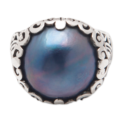 Cultured mabe pearl domed ring, 'Palatial Splendor' - Sterling Silver Domed Ring with Blue Cultured Mabe Pearl