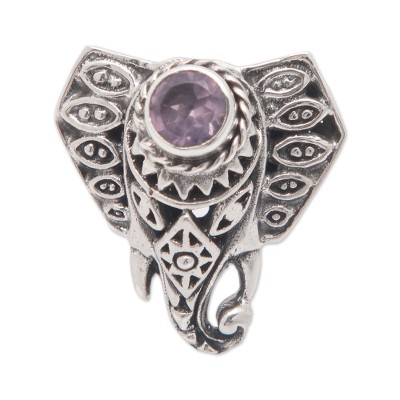 Amethyst cocktail ring, 'Wonderful Ganesha' - Silver & Amethyst Ring of Elephant-Headed Hindu God Ganesha