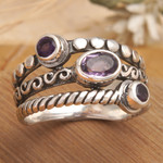Amethyst multi-stone ring, 'Heavenly Trio' - Sterling Silver Cocktail Ring with Three Amethyst Stones