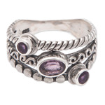 Amethyst multi-stone ring, 'Heavenly Trio' - Sterling Silver Cocktail Ring with Three Amethyst Stones