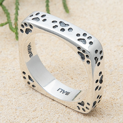 Sterling silver band ring, ‘Cute Paws’ - Inspirational Paw Print Themed Square 925 Silver Band Ring