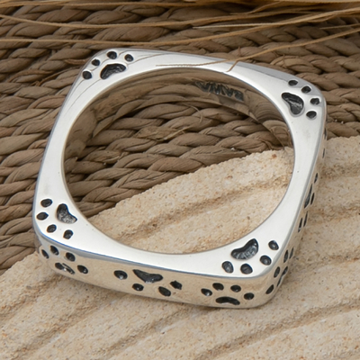 Sterling silver band ring, ‘Cute Paws’ - Inspirational Paw Print Themed Square 925 Silver Band Ring