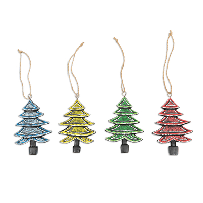 Wood ornaments, 'Island's Forest' (set of 4) - Set of 4 Handcrafted Colorful Albesia Wood Tree Ornaments