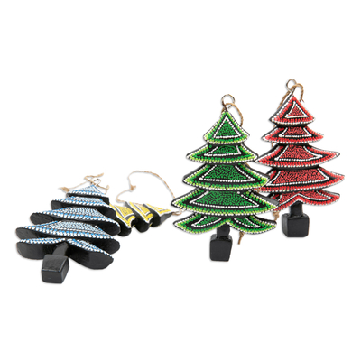 Wood ornaments, 'Island's Forest' (set of 4) - Set of 4 Handcrafted Colorful Albesia Wood Tree Ornaments