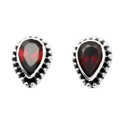 Garnet stud earrings, 'Delighted Heart in Red' - Sterling Silver Stud Earrings with Pear-Shaped Garnet Stone