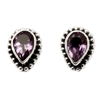 Amethyst stud earrings, 'Delighted Heart in Purple' - Sterling Silver Stud Earrings with Pear-Shaped Amethyst Gem