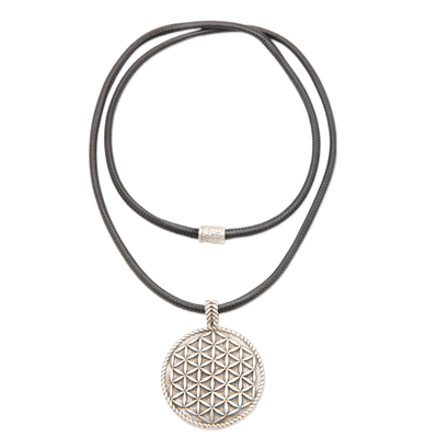 Collar colgante de plata esterlina - Collar con colgante redondo floral geométrico de plata de ley