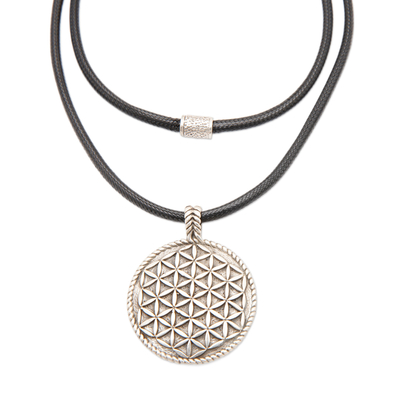 Sterling silver pendant necklace, 'Bloom of Life' - Geometric Floral Round Sterling Silver Pendant Necklace