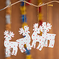 Wood ornaments, 'Polka Dot Reindeer' (set of 4) - 4 Hand-Painted Wood Polka Dot Reindeer Christmas Ornaments