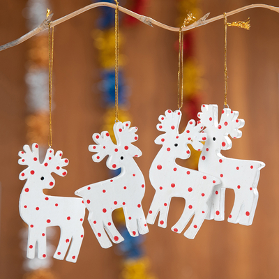 Adornos de madera, (juego de 4) - 4 adornos navideños de renos de lunares de madera pintados a mano